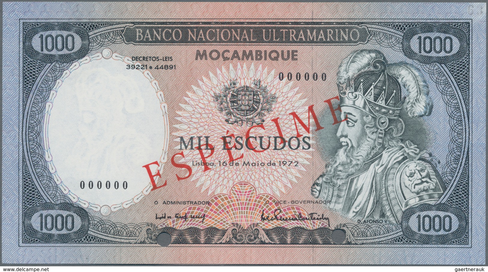 Mozambique: Banco Nacional Ultramarino – Mocambique 1000 Escudos 1972 SPECIMEN, P.112s In Perfect UN - Moçambique