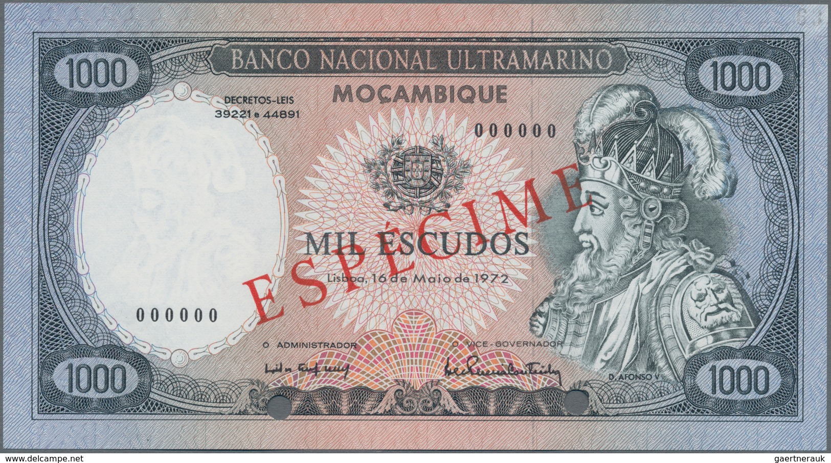 Mozambique: Banco Nacional Ultramarino – Mocambique 1000 Escudos 1972 SPECIMEN, P.112s In Perfect UN - Mozambique