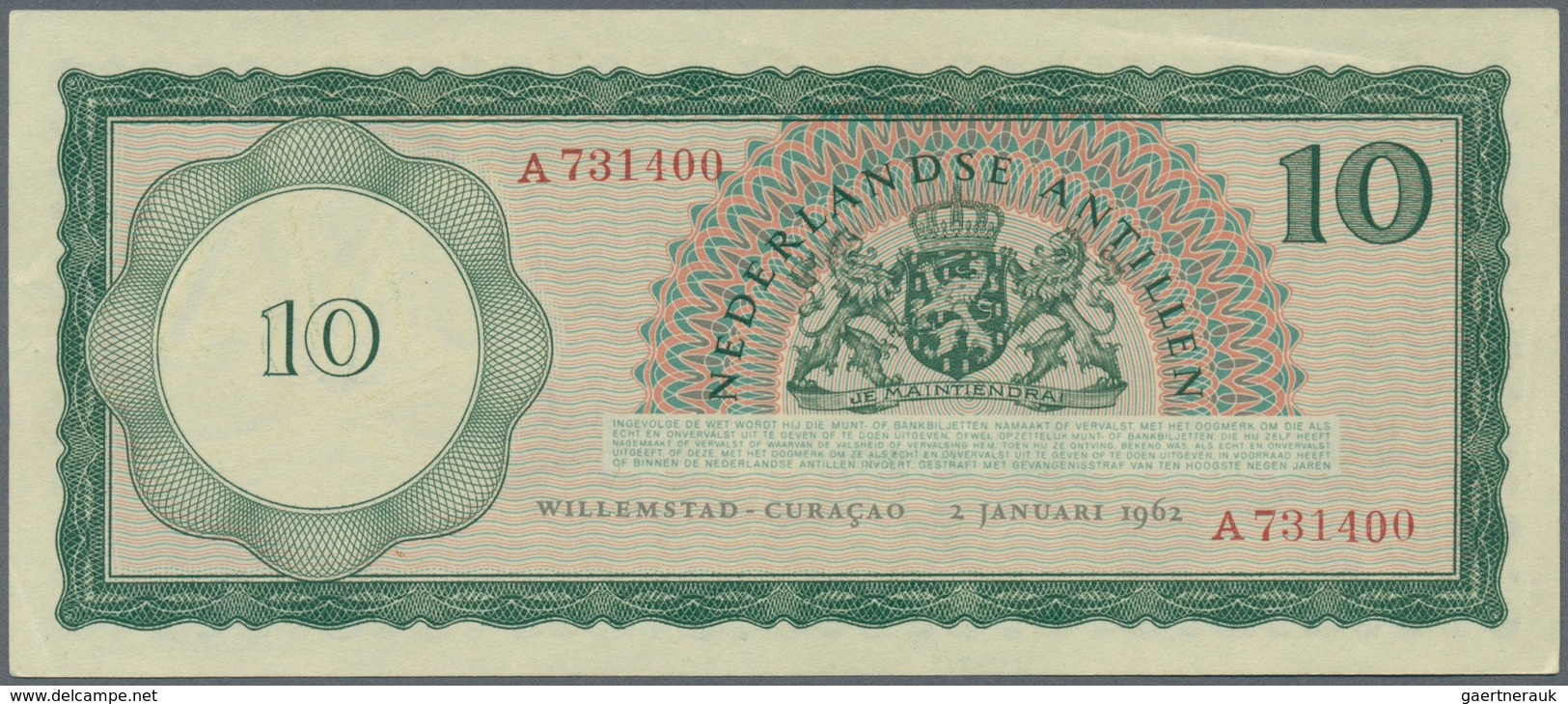 Netherlands Antilles / Niederländische Antillen: 10 Gulden 1962, P.2a, Tiny Dint At Lower Right And - Antillas Neerlandesas (...-1986)