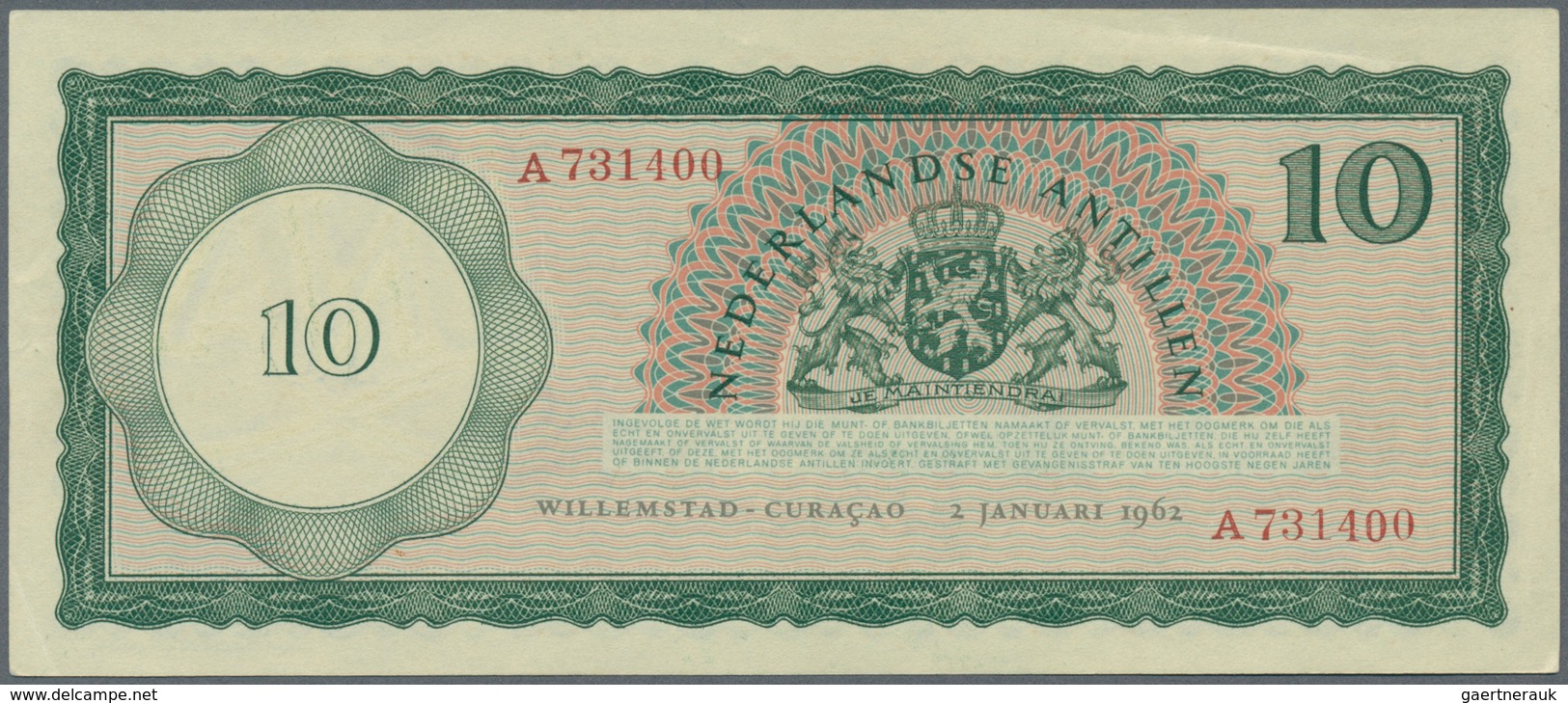 Netherlands Antilles / Niederländische Antillen: 10 Gulden 1962, P.2a, Tiny Dint At Lower Right And - Nederlandse Antillen (...-1986)