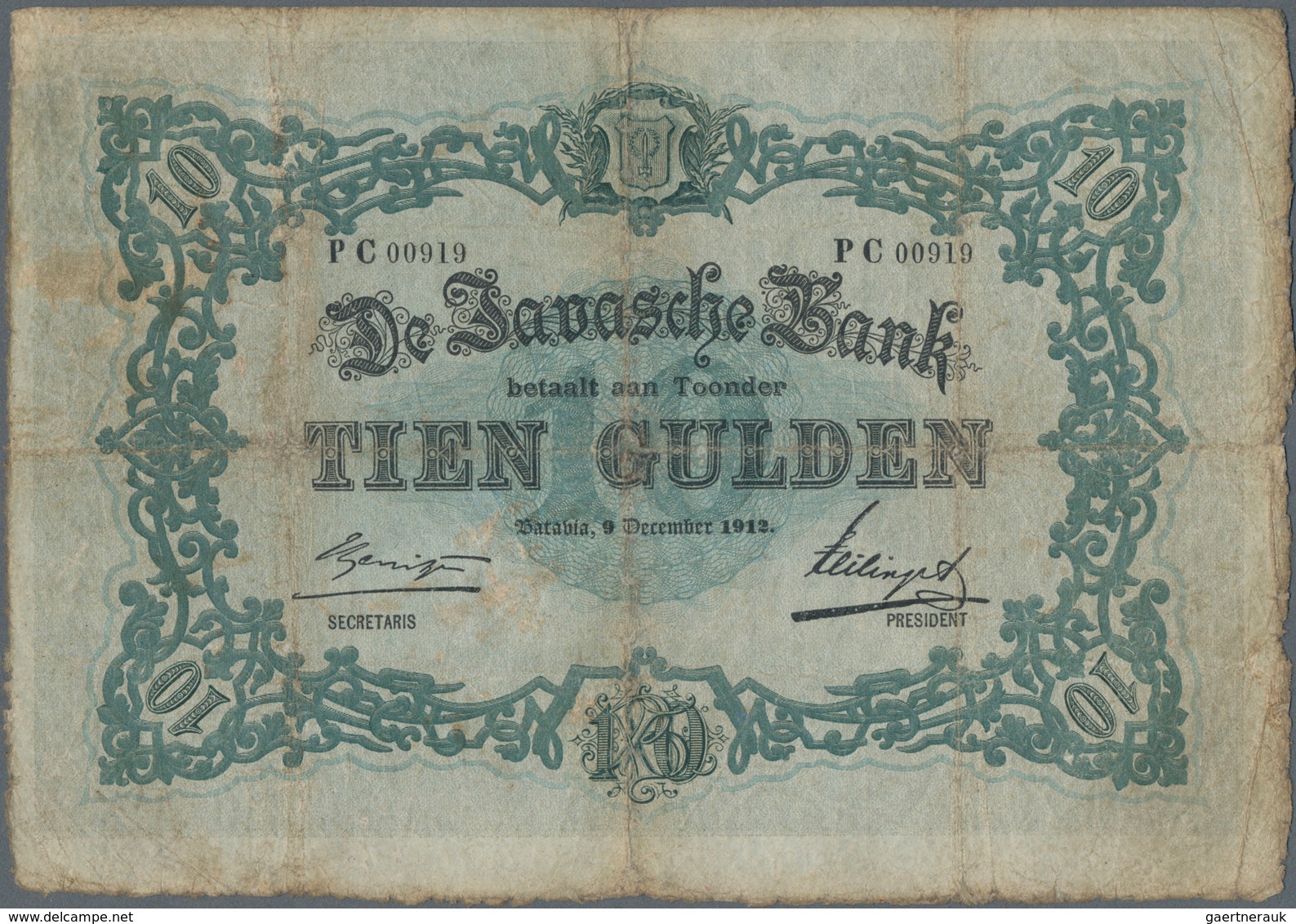 Netherlands Indies / Niederländisch Indien: De Javasche Bank 10 Gulden 1912, P.53, Highly Rare And S - Niederländisch-Indien