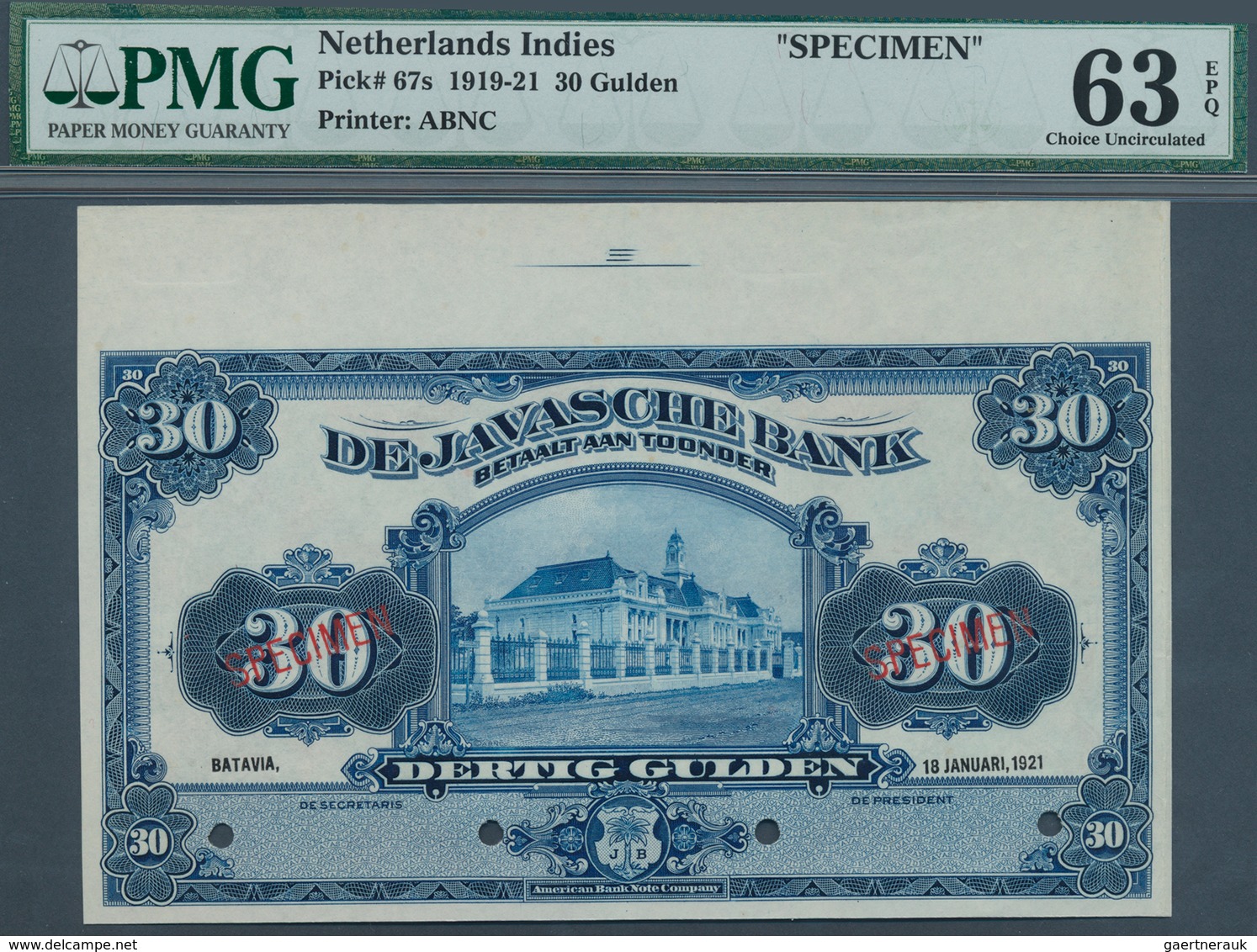 Netherlands Indies / Niederländisch Indien: 30 Gulden 1921 Specimen P. 67s, Rare Note And Probably U - Niederländisch-Indien