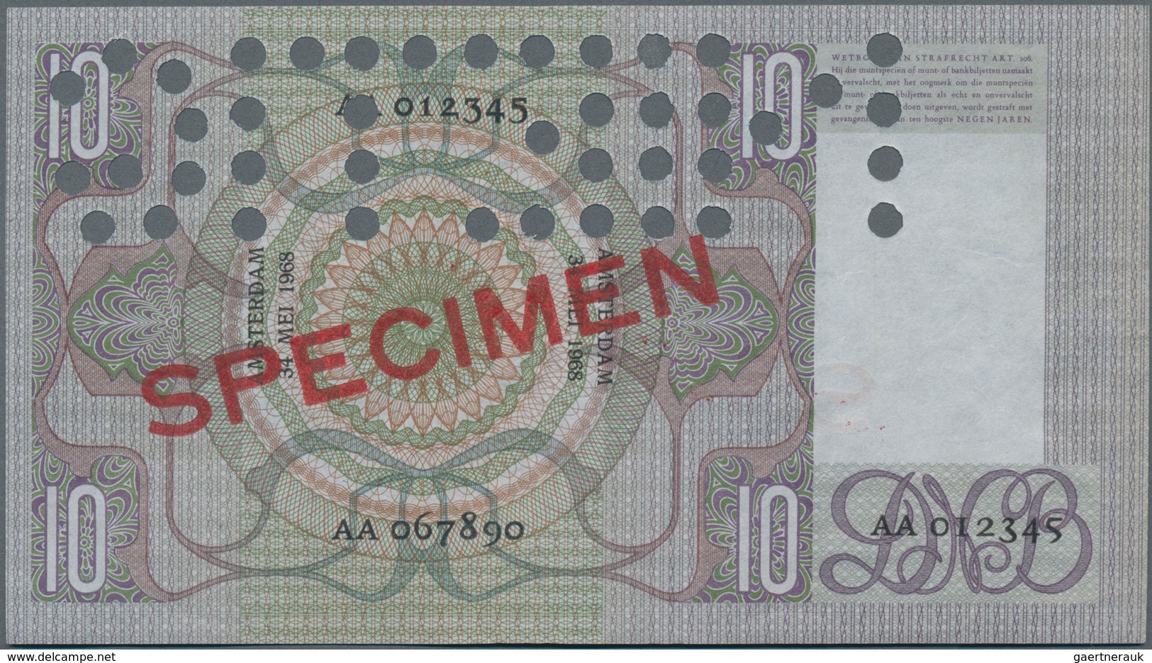 Netherlands / Niederlande: De Nederlandsche Bank 10 Gulden 1968 SPECIMEN, P.49s, Serial Number AA012 - Andere & Zonder Classificatie