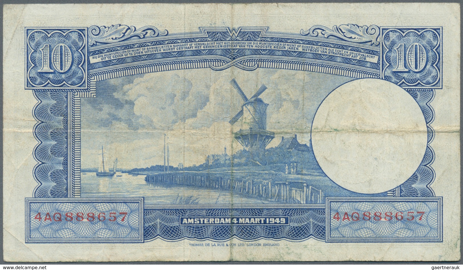 Netherlands / Niederlande: 10 Gulden 1949, P.83, Still Nice With Several Folds And Lightly Stained P - Sonstige & Ohne Zuordnung