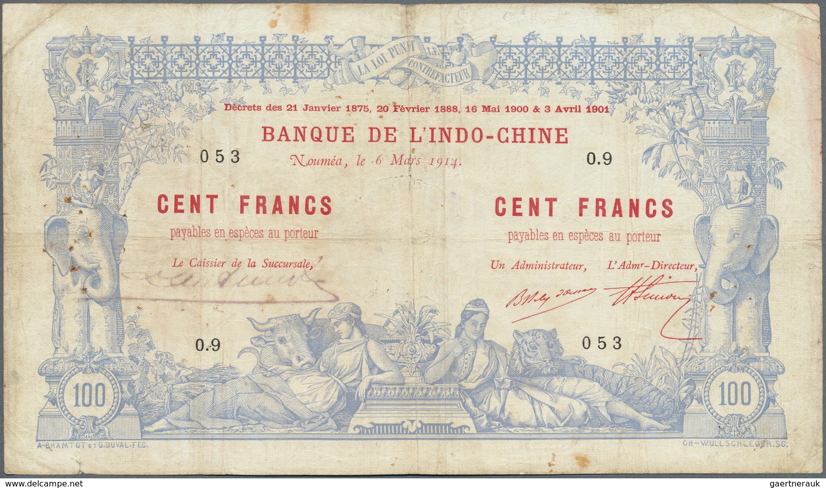 New Caledonia / Neu Kaledonien: 100 Francs 1914 Noumea Banque De L'Indochine P. 17, With Block Lette - Nouméa (Neukaledonien 1873-1985)