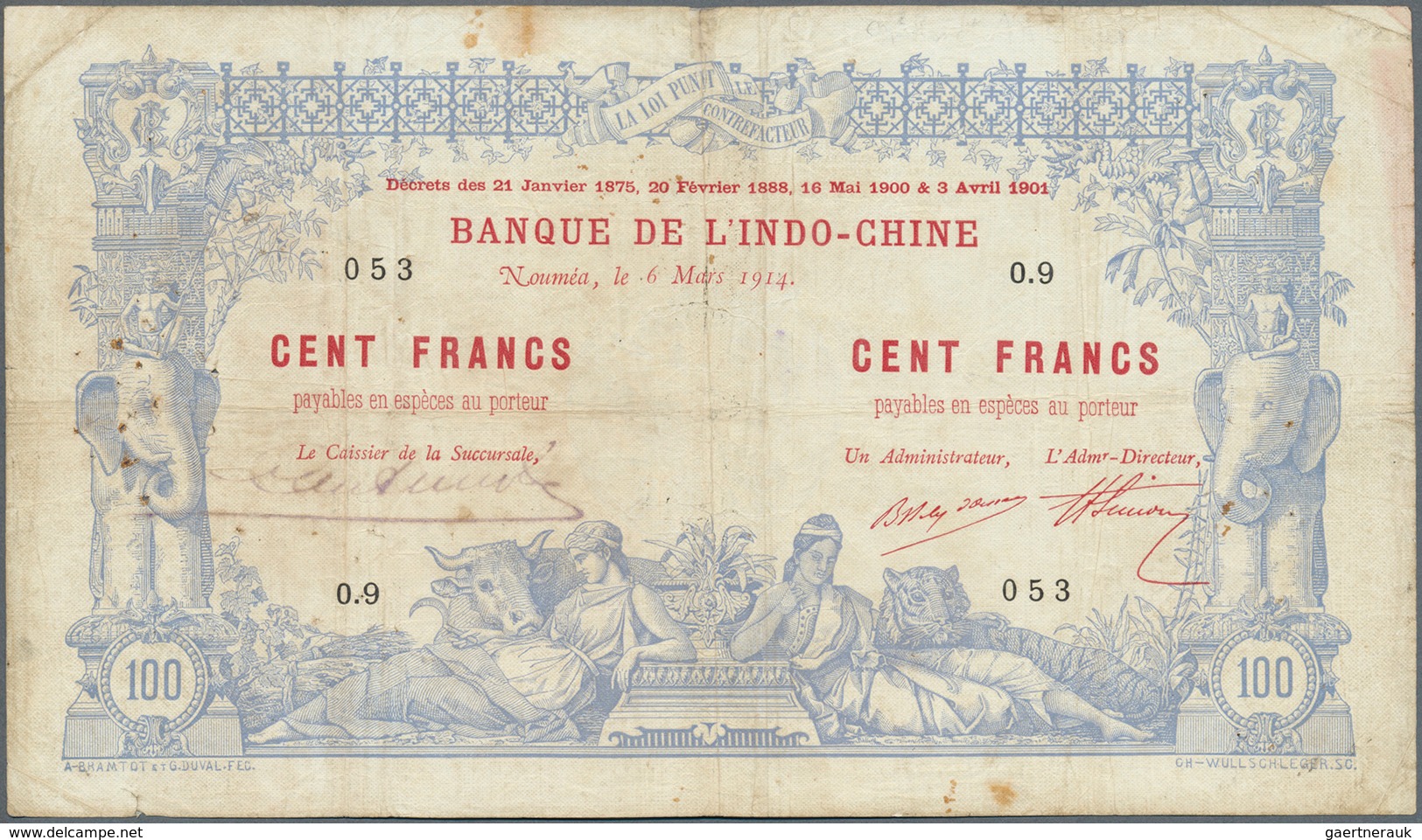 New Caledonia / Neu Kaledonien: 100 Francs 1914 Noumea Banque De L'Indochine P. 17, With Block Lette - Nouméa (Nieuw-Caledonië 1873-1985)