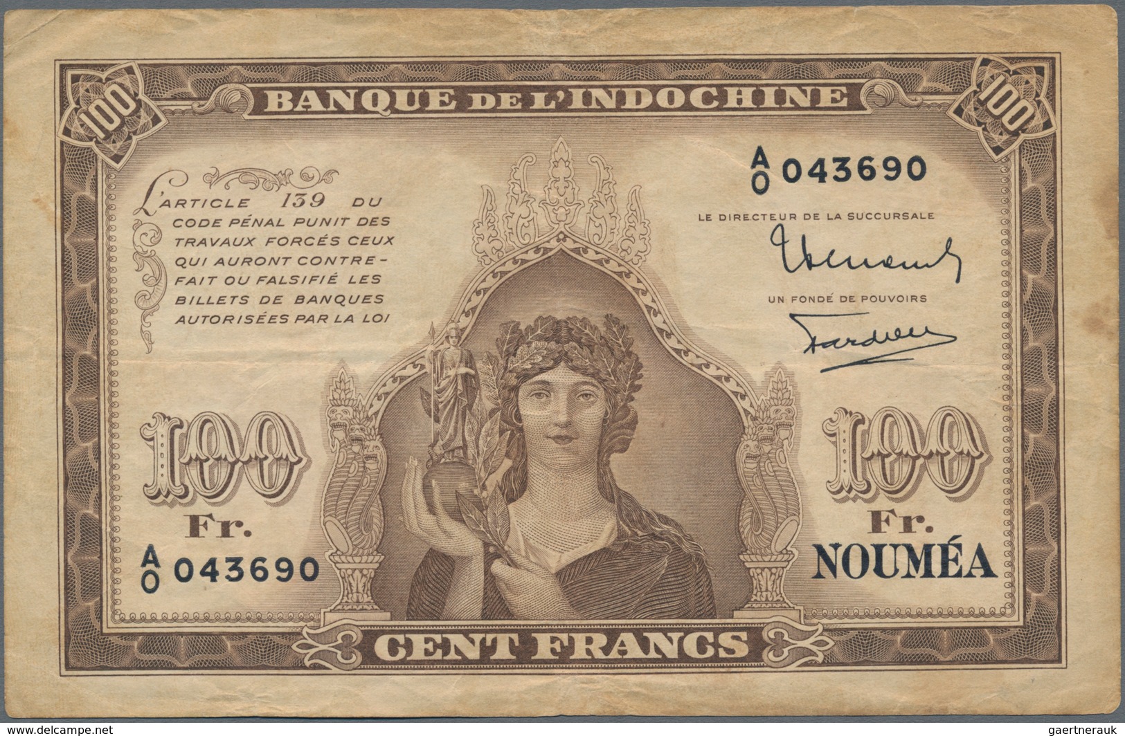 New Caledonia / Neu Kaledonien: Banque De L'Indochine 100 Francs ND(1942), P.44, Lightly Toned Paper - Nouméa (Nieuw-Caledonië 1873-1985)