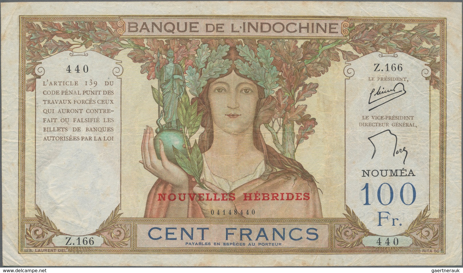 New Hebrides / Neue Hebriden: Banque De L'Indo-Chine 100 Francs ND(1945-60) With Red Overprint “Nouv - Neue Hebriden