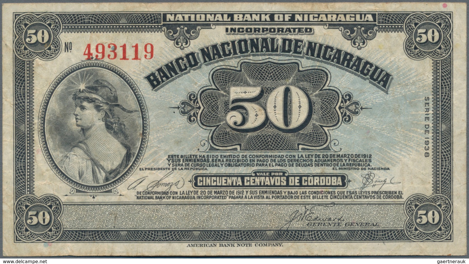 Nicaragua: Banco Nacional De Nicaragua Pair With 50 Centavos 1938 P.89 (F+) And 5 Cordobas 1942 P.93 - Nicaragua