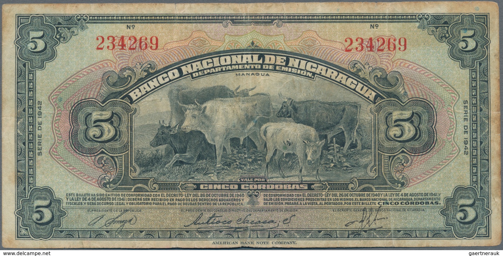 Nicaragua: Banco Nacional De Nicaragua Pair With 50 Centavos 1938 P.89 (F+) And 5 Cordobas 1942 P.93 - Nicaragua