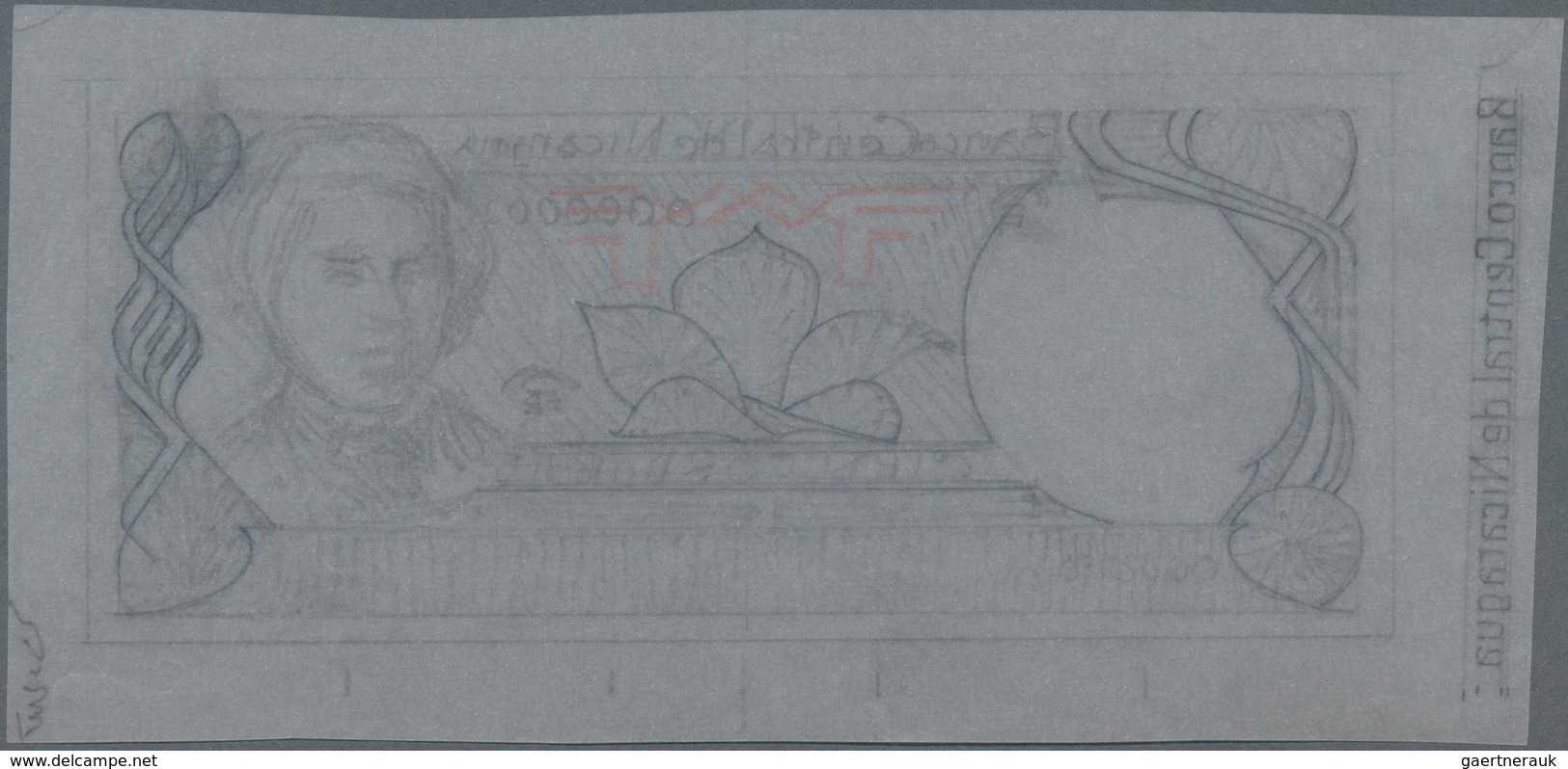 Nicaragua: Hand Drawn Pencil Sketch For A Cordobas Banknote On Parchment Paper With A Design For The - Nicaragua