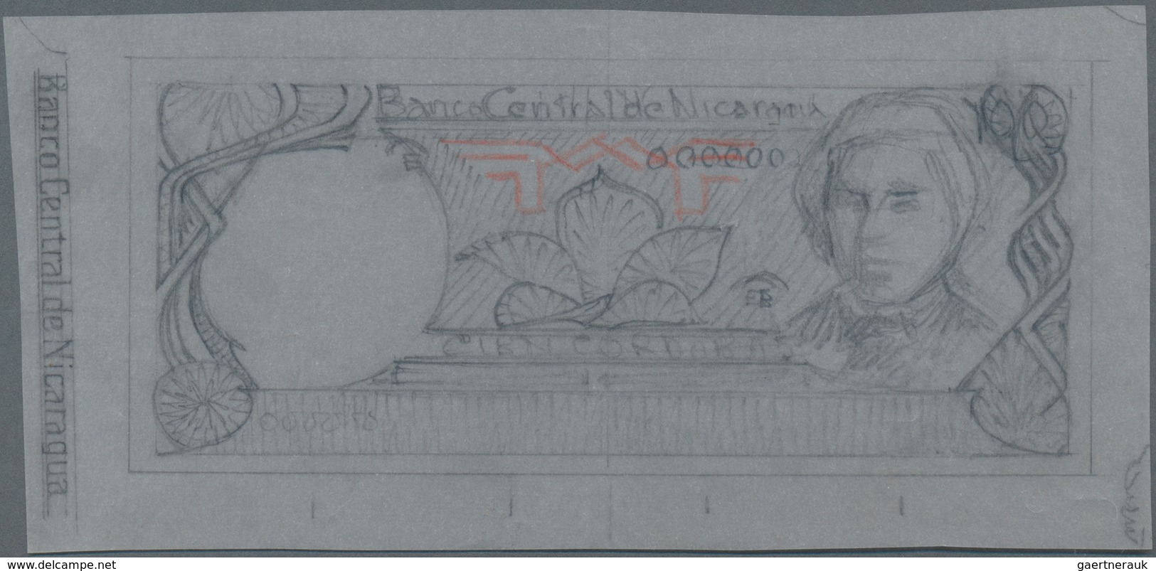 Nicaragua: Hand Drawn Pencil Sketch For A Cordobas Banknote On Parchment Paper With A Design For The - Nicaragua