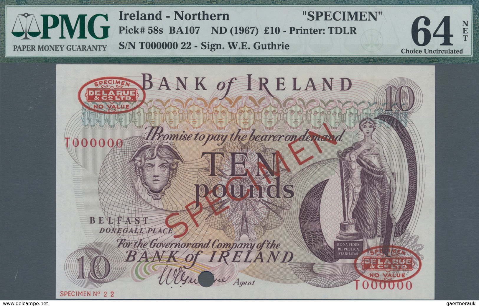 Northern Ireland / Nordirland: Bank Of Ireland 10 Pounds ND(1967) TDLR SPECIMEN, P.58s, Previously M - Andere & Zonder Classificatie