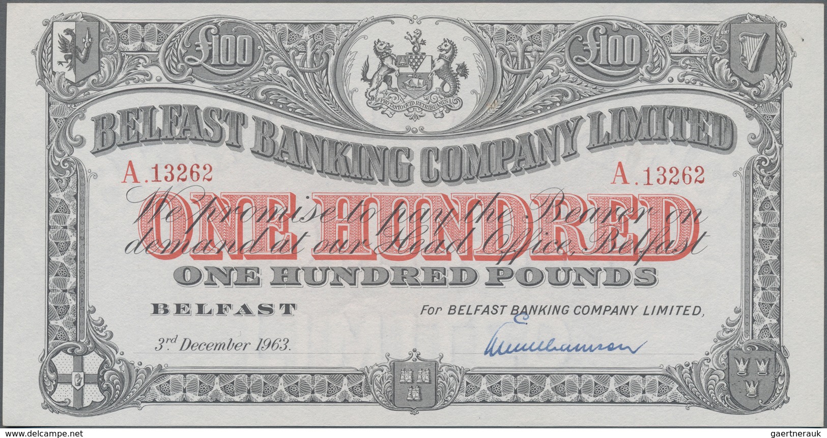 Northern Ireland / Nordirland: Belfast Banking Company Ltd. 100 Pounds Dated December 3rd 1963, P.13 - Andere & Zonder Classificatie