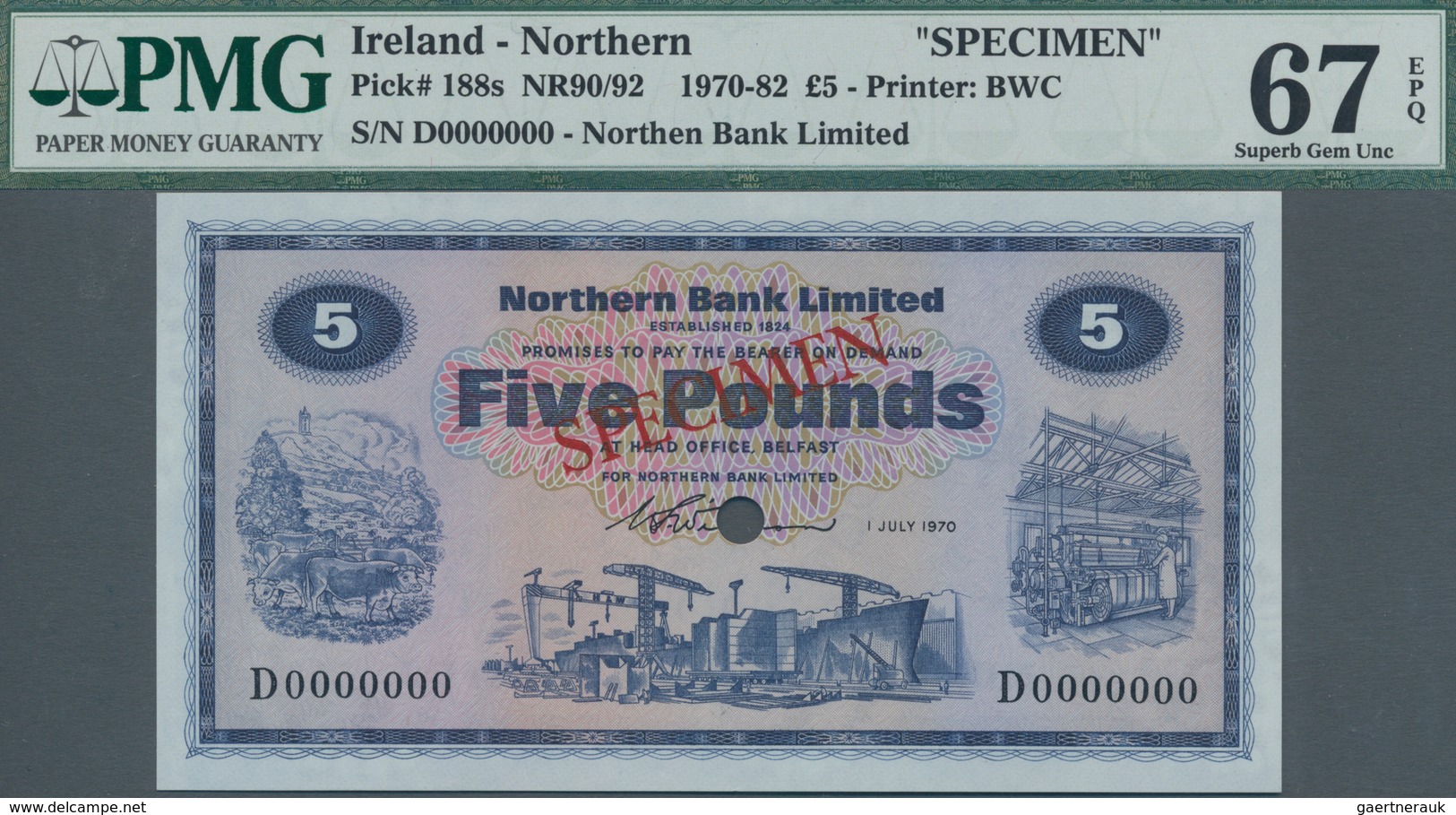 Northern Ireland / Nordirland: Northern Bank Limited 5 Pounds 1970 SPECIMEN, P.188s In Perfect UNC C - Andere & Zonder Classificatie