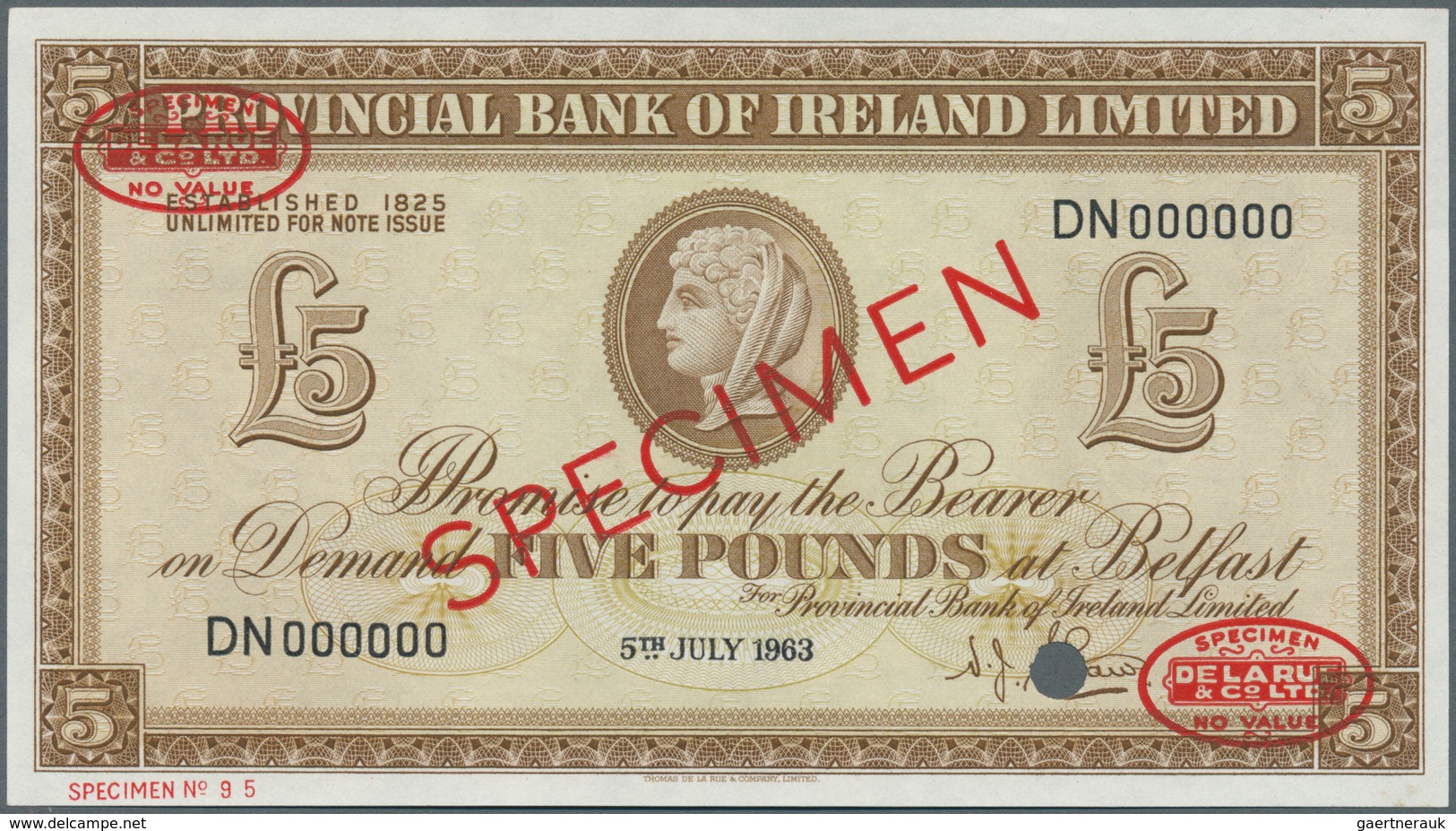 Northern Ireland / Nordirland: Provincial Bank Of Ireland 5 Pounds 1963 TDLR Specimen, P.244s In UNC - Otros & Sin Clasificación