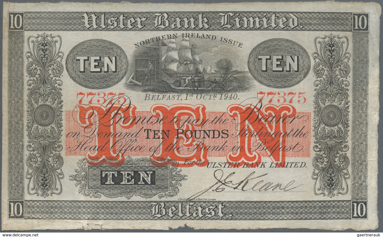 Northern Ireland / Nordirland: Ulster Bank Limited 10 Pounds 1940, P.317, Great Note With Margin Spl - Andere & Zonder Classificatie