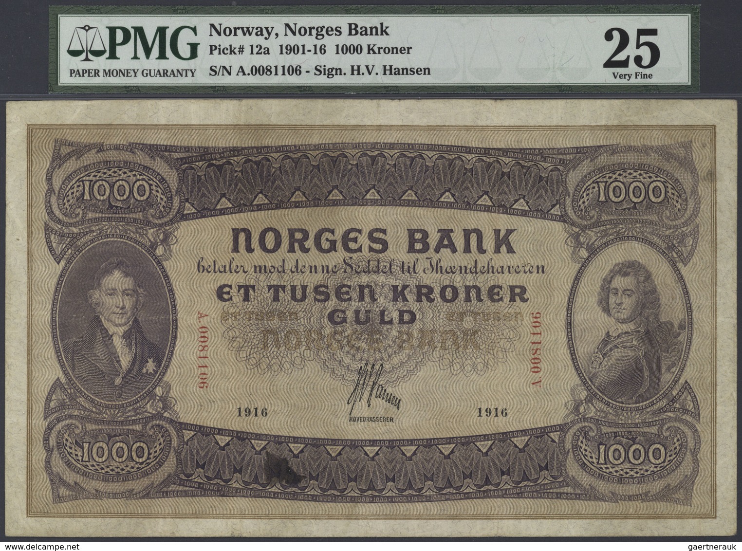 Norway / Norwegen: 1000 Kroner 1916, P.12a, Some Ink Spots, Lightly Toned Paper And A Few Folds, PMG - Noruega