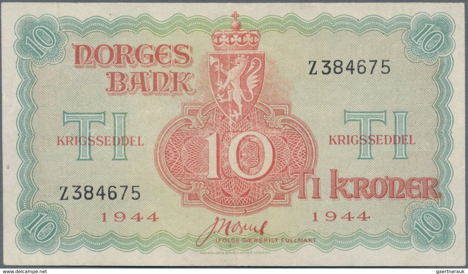 Norway / Norwegen: 10 Kroner 1944, P.20, Extraordinary Rare Note In Excellent Condition With A Very - Noorwegen