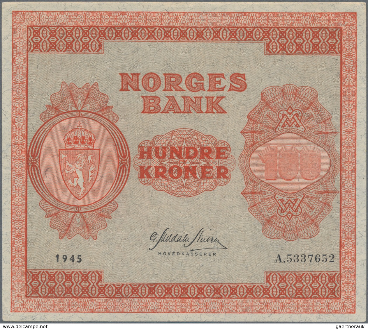 Norway / Norwegen: 100 Kroner 1945, P.28a1, Almost Perfect Condition, Just A Tiny Dint At Lower Left - Norwegen