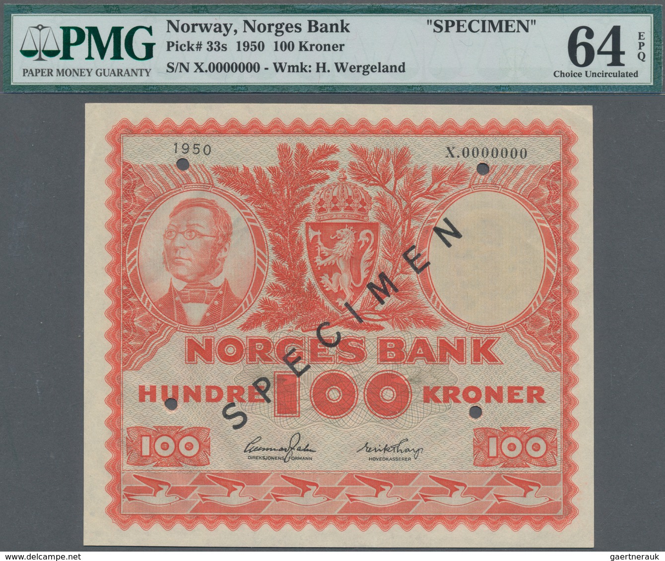 Norway / Norwegen: 100 Kroner 1950 SPECIMEN, P.33s In Excellent Uncirculated Condition, PMG Graded 6 - Norwegen