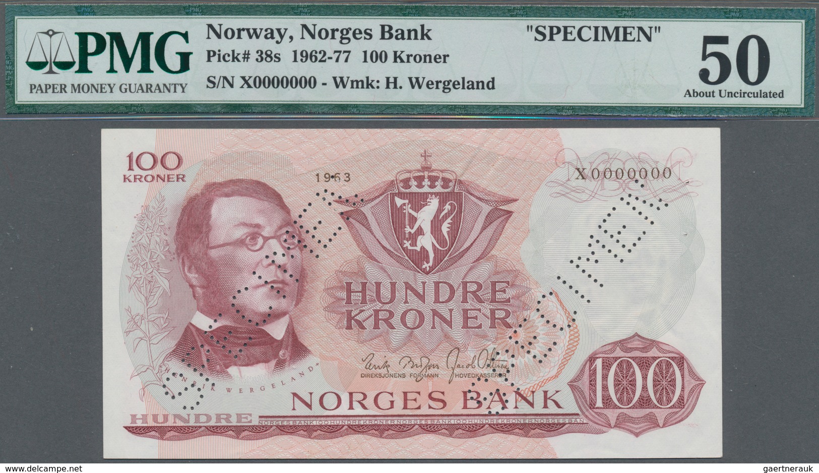Norway / Norwegen: 100 Kroner 1963 SPECIMEN, P.38s, Some Minor Creases And Traces Of A Paper Clip, T - Noorwegen
