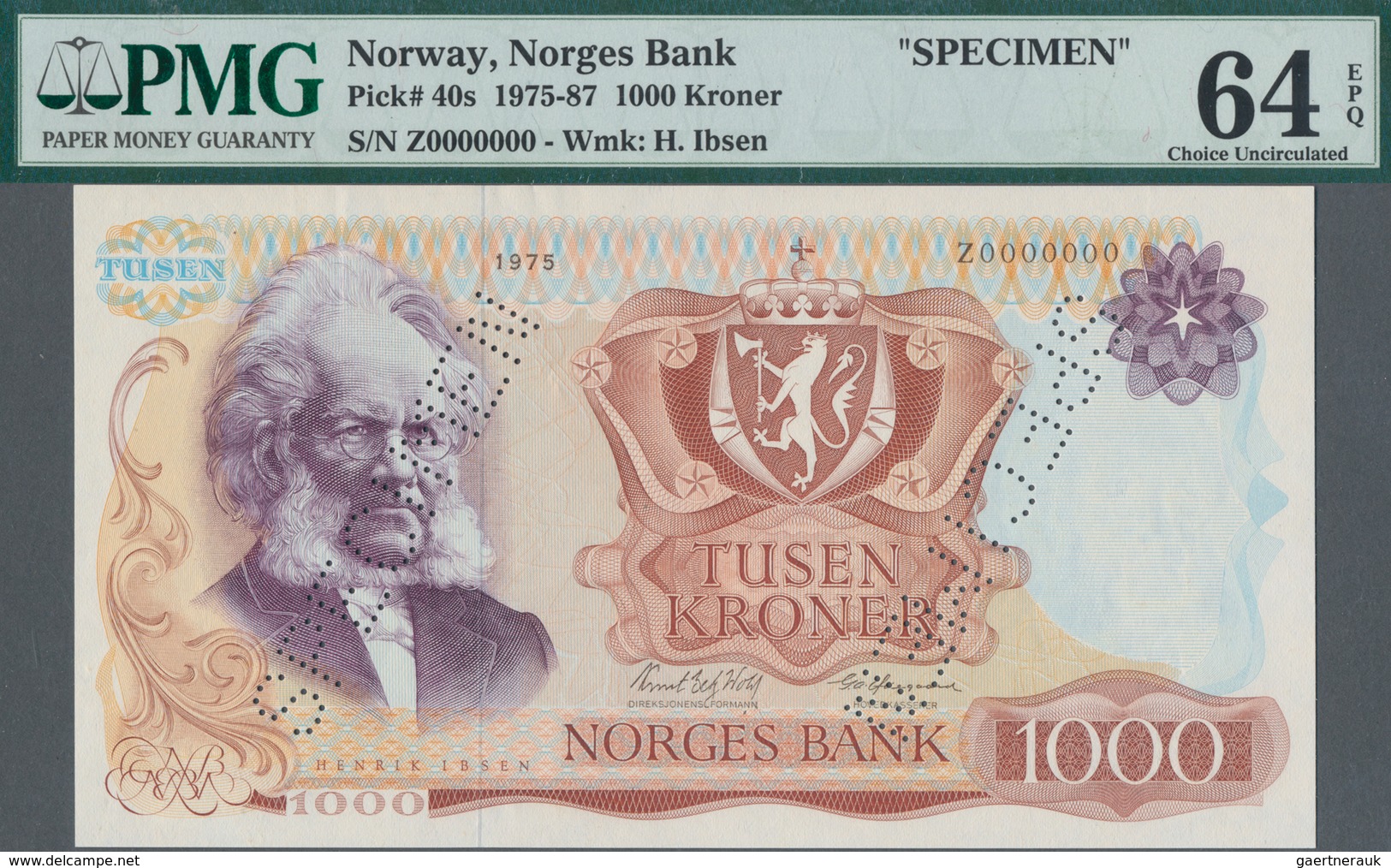 Norway / Norwegen:  Norges Bank 1000 Kroner 1975 SPECIMEN, P.40s With Serial Number Z0000000 And “Sp - Noorwegen