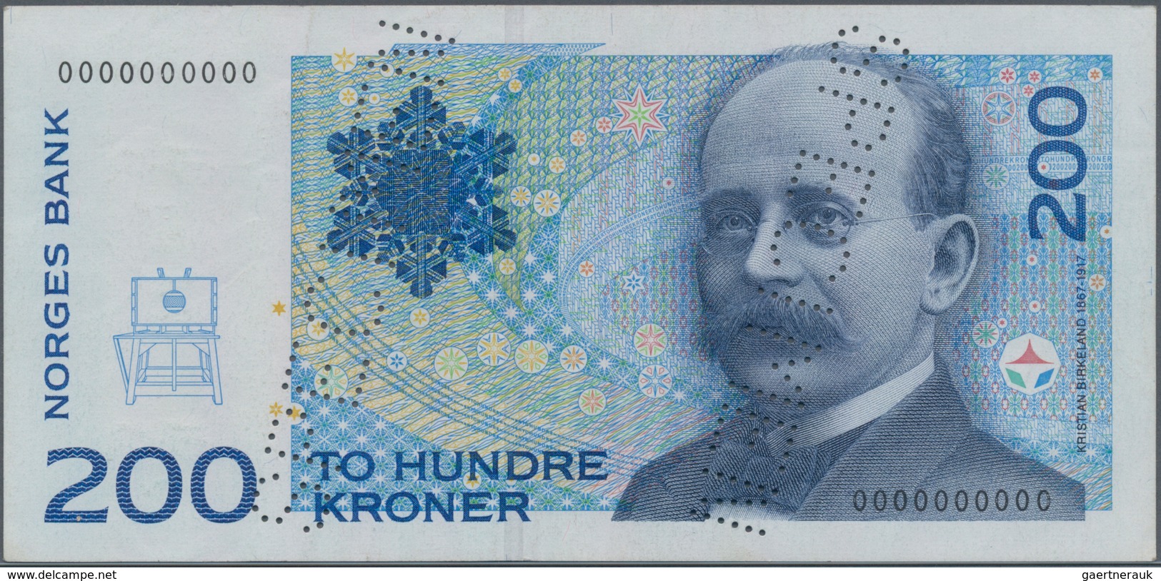 Norway / Norwegen: 200 Kroner 1994 SPECIMEN, P.48s, Soft Vertical Folds At Center And Tiny Spots On - Noruega
