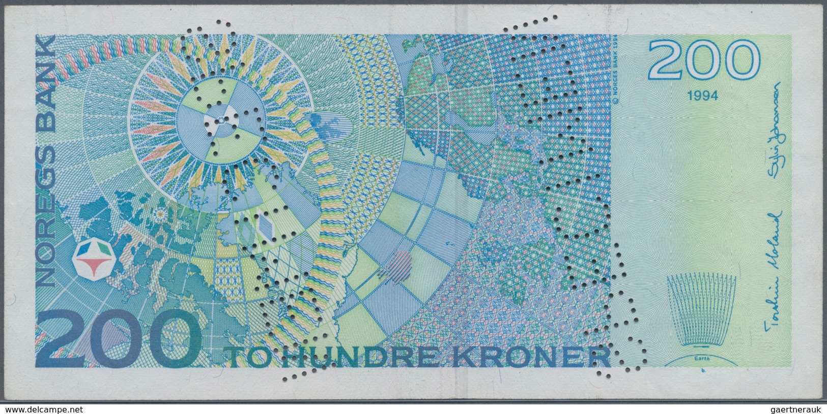 Norway / Norwegen: 200 Kroner 1994 SPECIMEN, P.48s, Soft Vertical Folds At Center And Tiny Spots On - Noorwegen