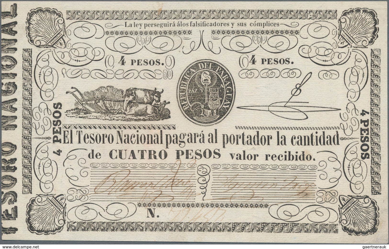 Paraguay: El Tesorion Nacional 4 Pesos ND(1862), P.16 In VF/VF+ Condition. - Paraguay