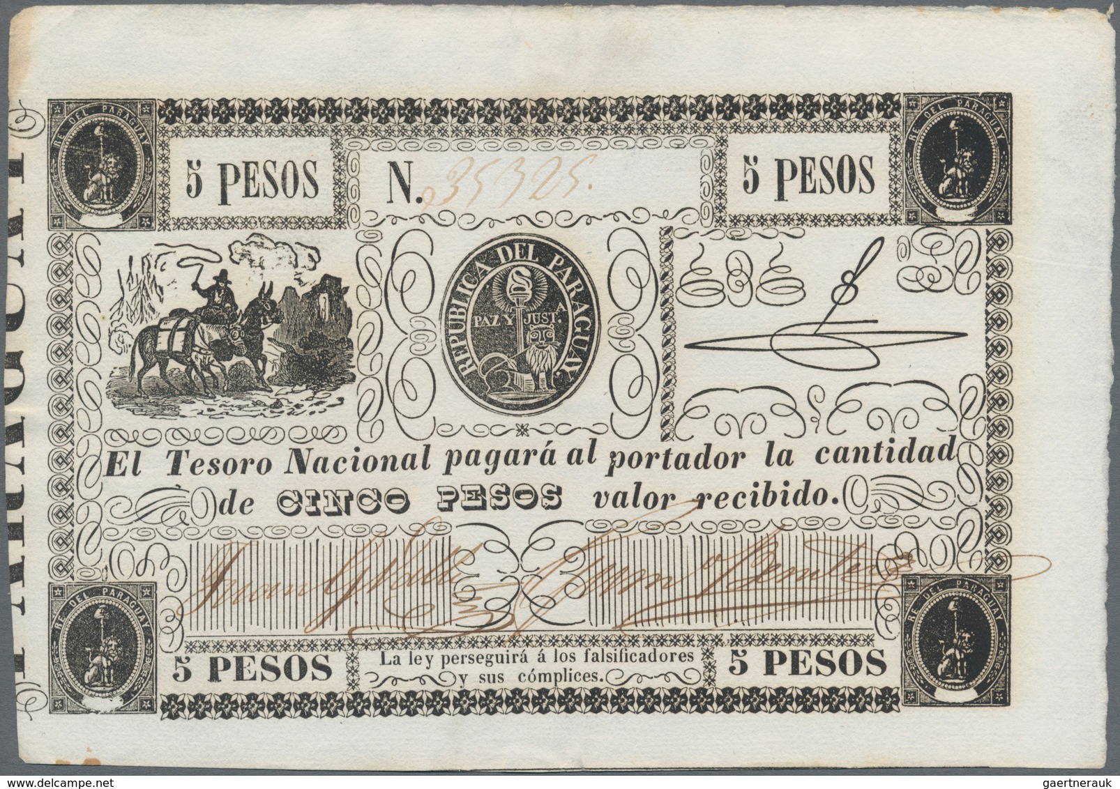 Paraguay: El Tesorio Nacional 5 Pesos ND(1862), P.17 In AUNC Condition. - Paraguay