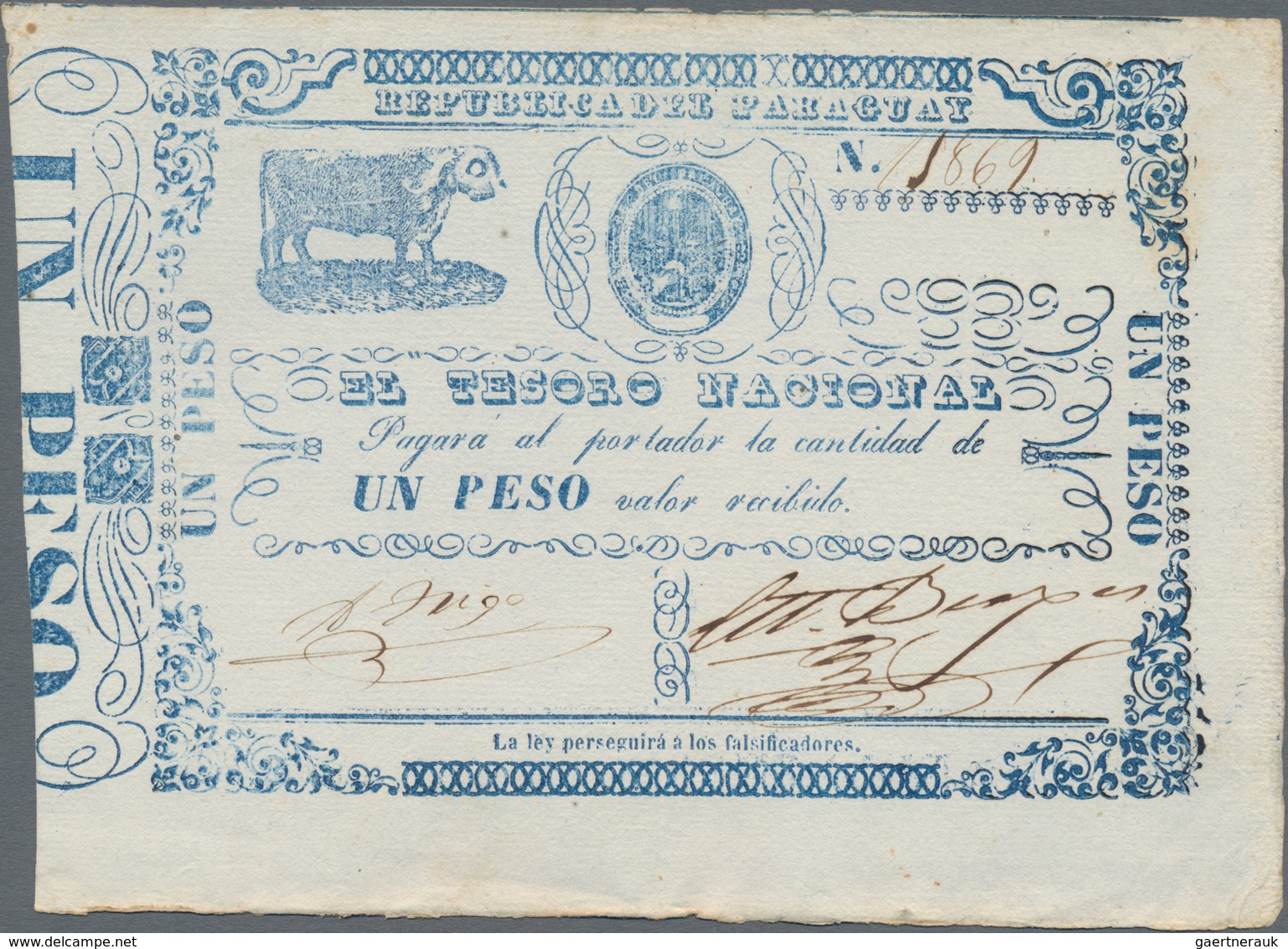 Paraguay: El Tesorio Nacional 1 Peso ND(1865), P.21 In XF/XF+ Condition - Paraguay