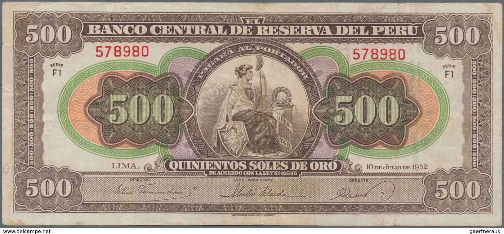 Peru: Pair With 1 Sol Republica Del Peru 1879 P.1 (VF) And 500 Soles De Oro 1952 Banco Central De Re - Perú
