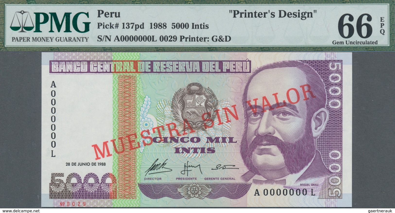 Peru: Printer's Design For 5000 Intis 1988 Front And Back, P.137pd, Each One With Empty Reverse And - Perú