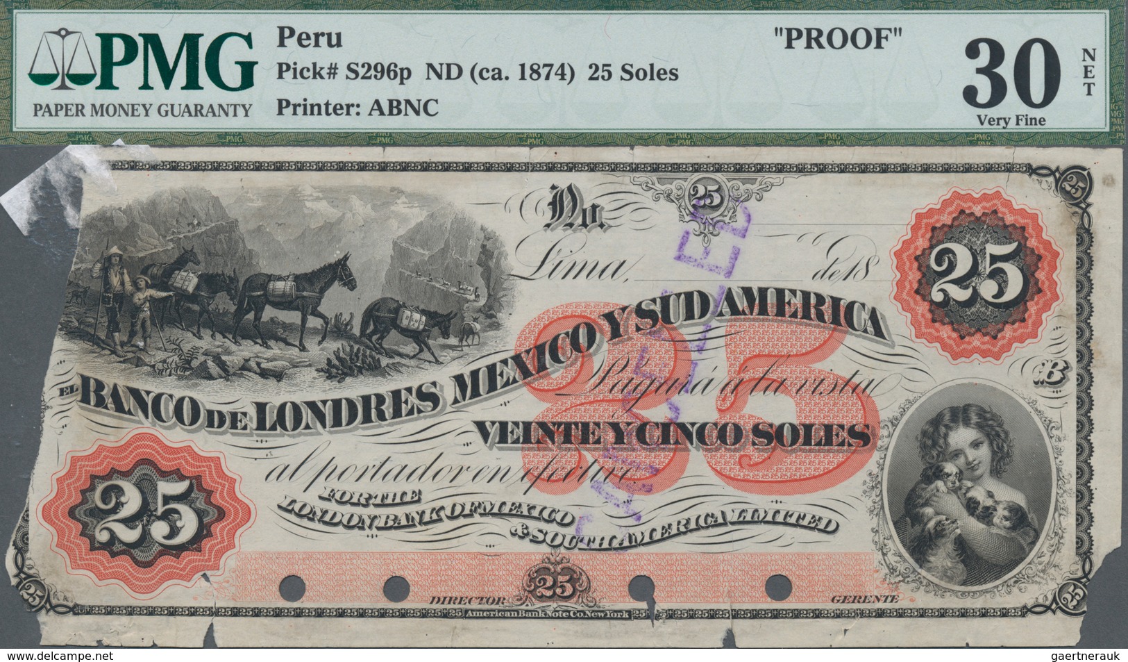 Peru: Banco De Londres Mexico Y Sud America Front Proof For 25 Soles ND(1874), P.S296p, Previously M - Perú