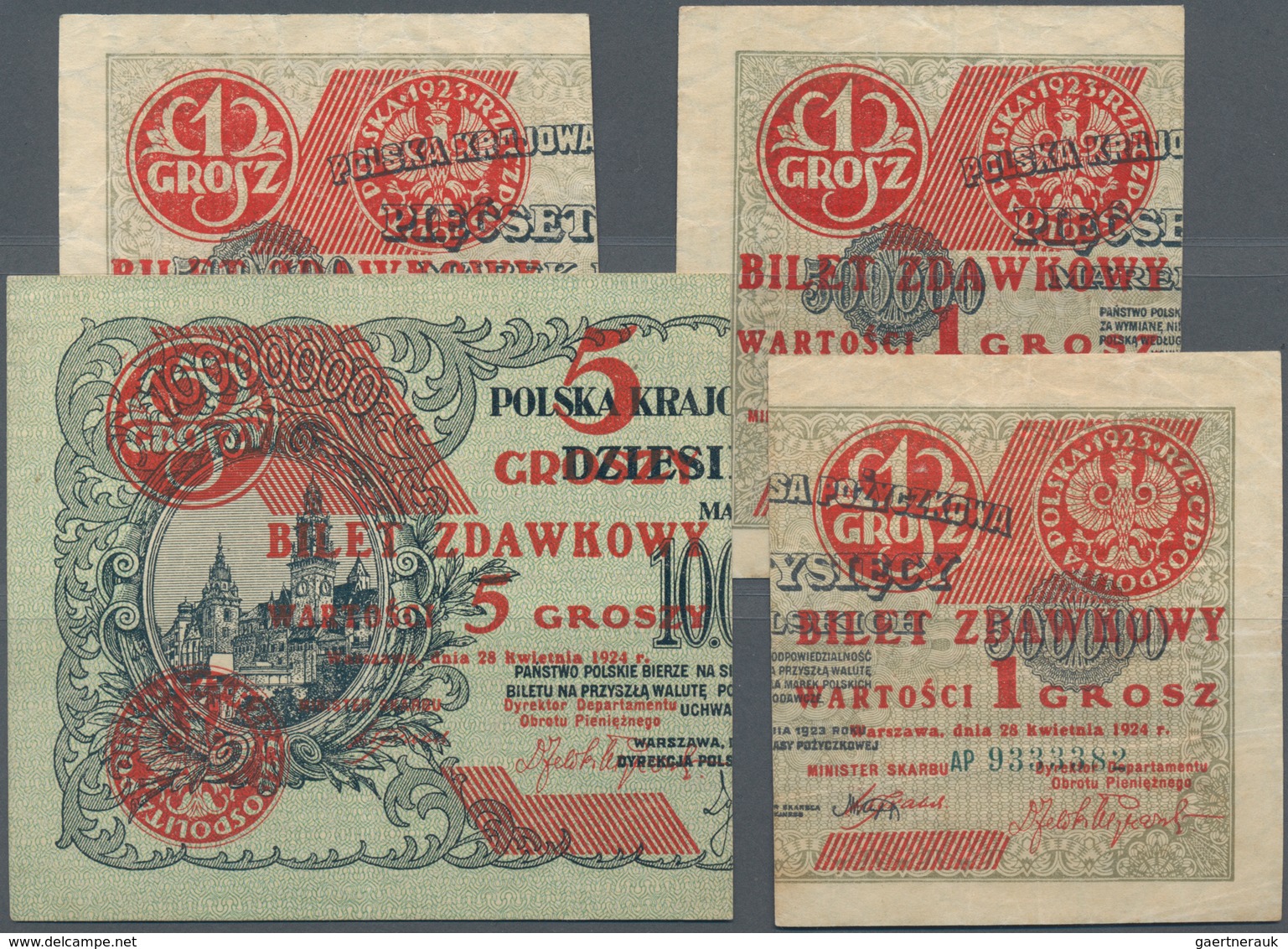 Poland / Polen: Set With 4 Banknotes Of The 1924 Provisional “Cut In Half” Notes “Bilet Zdawkowy” Wi - Polonia