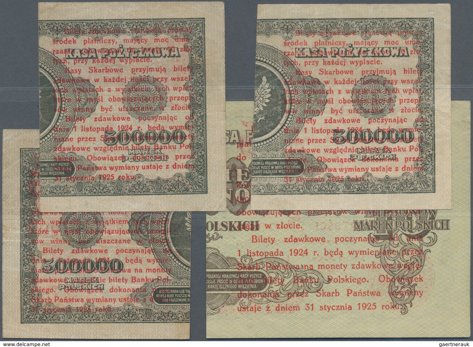 Poland / Polen: Set With 4 Banknotes Of The 1924 Provisional “Cut In Half” Notes “Bilet Zdawkowy” Wi - Polonia