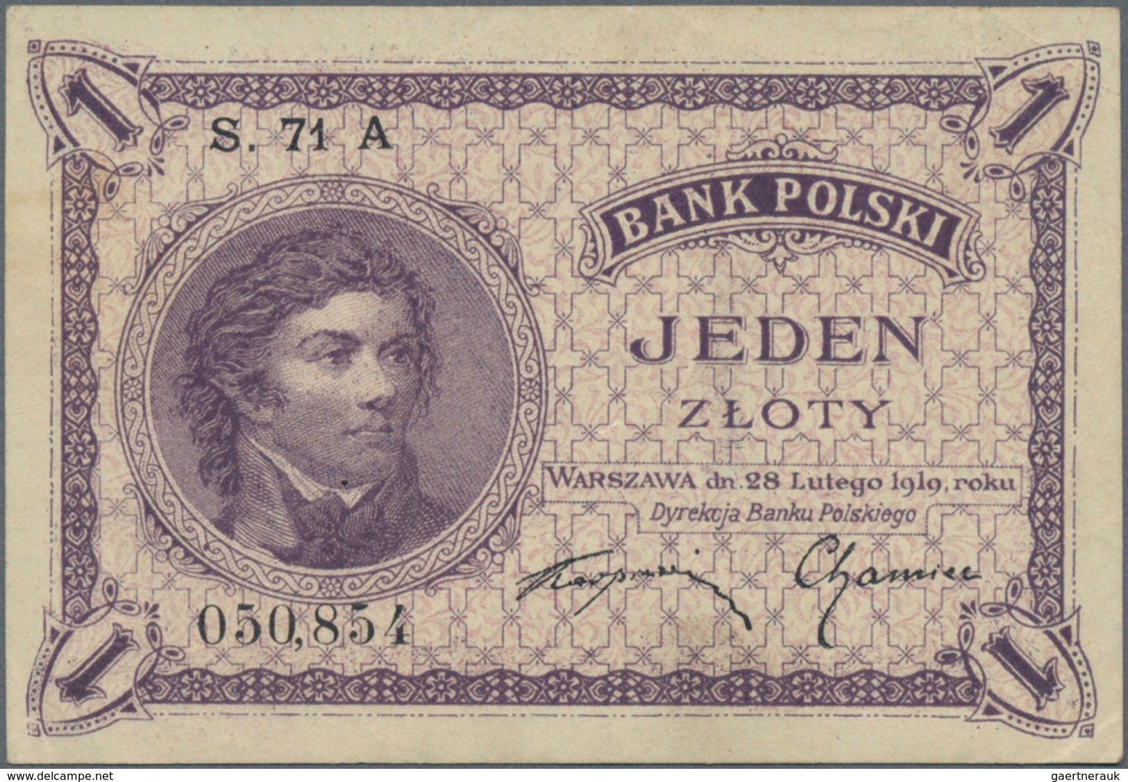 Poland / Polen: 1 Zloty 1919 (1924), P.51, Soft Vertical Bend At Center, Lightly Stained Paper, Cond - Polen