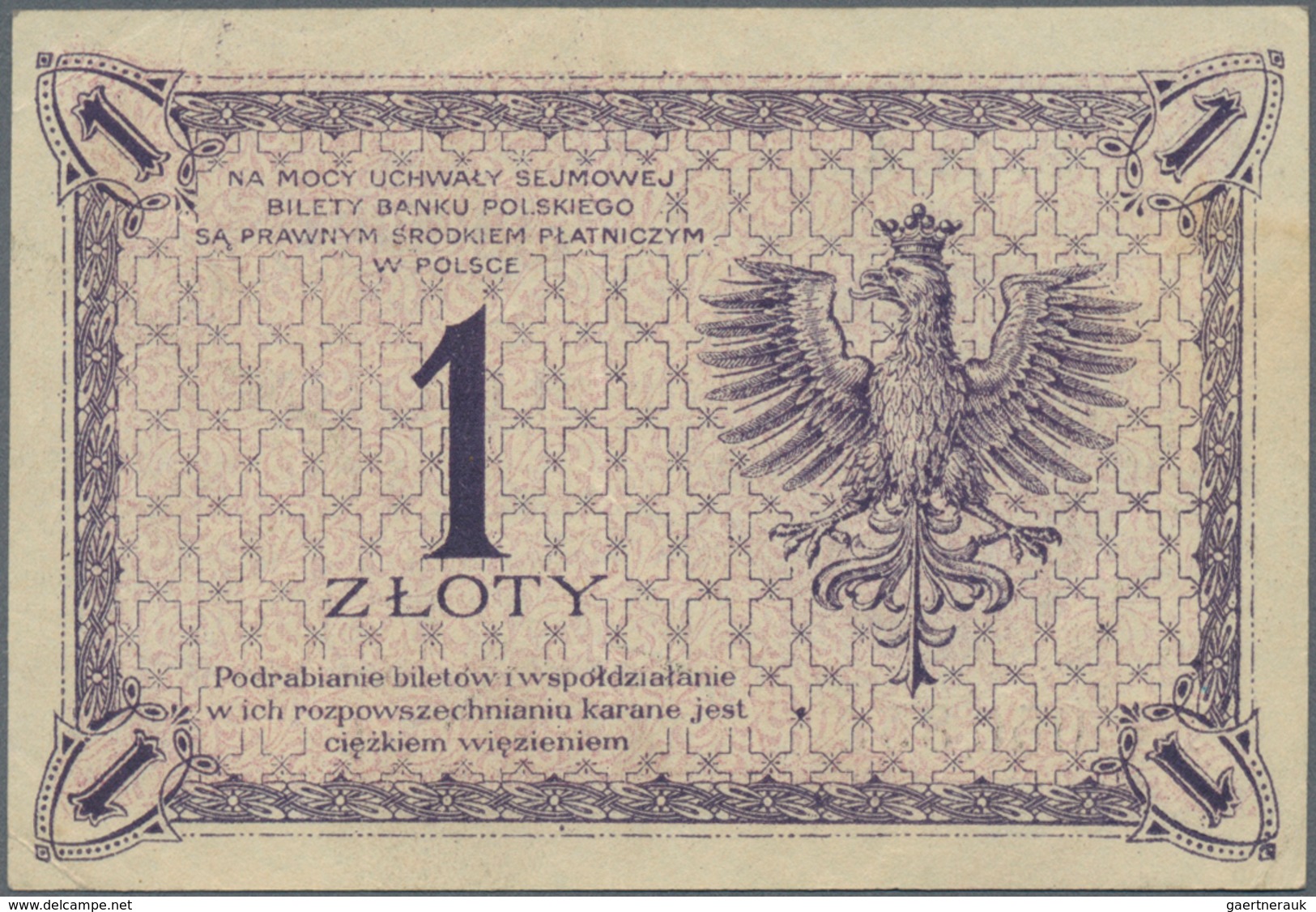 Poland / Polen: 1 Zloty 1919 (1924), P.51, Soft Vertical Bend At Center, Lightly Stained Paper, Cond - Polen
