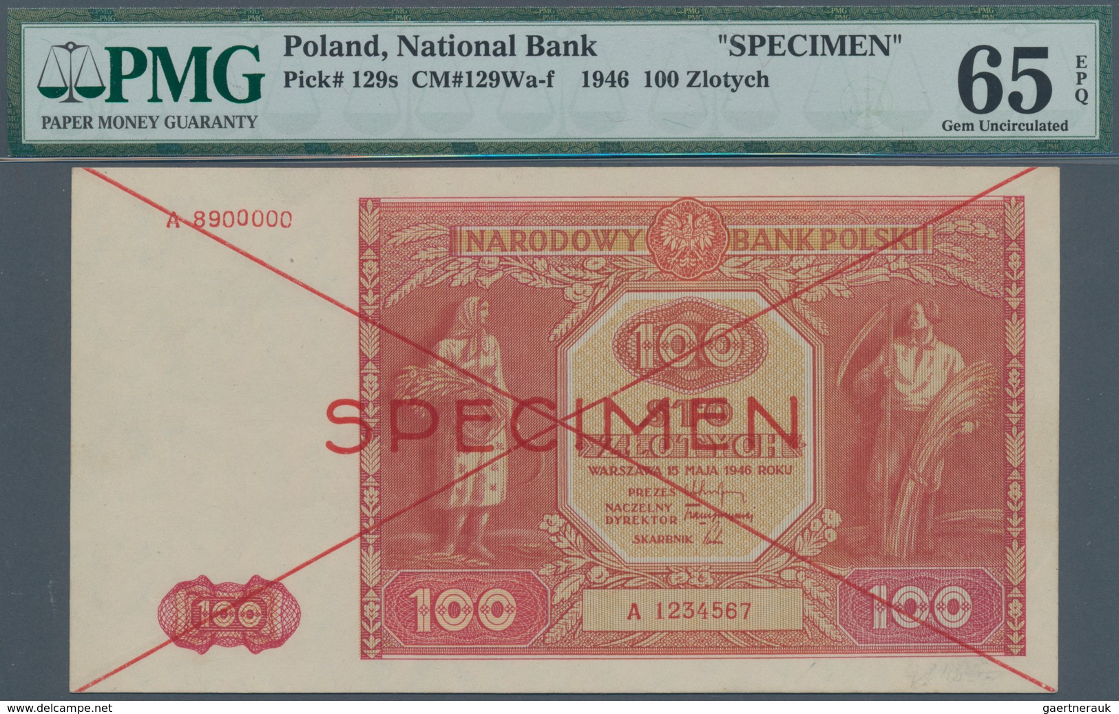 Poland / Polen: 100 Zlotych 1946 SPECIMEN, P.129s In Perfect Condition, PMG Graded 65 Gem Uncirculat - Polonia