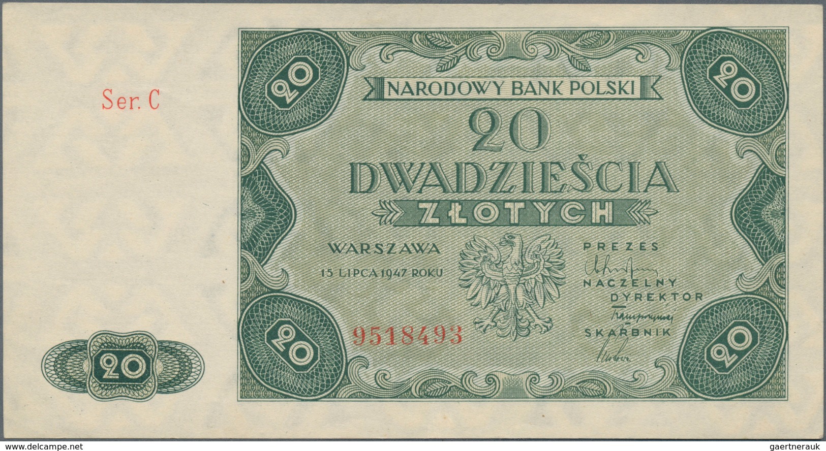 Poland / Polen: 20 Zlotych 1947, P.130, Very Soft Vertical Bend At Center, Otherwise Perfect, Condit - Polonia