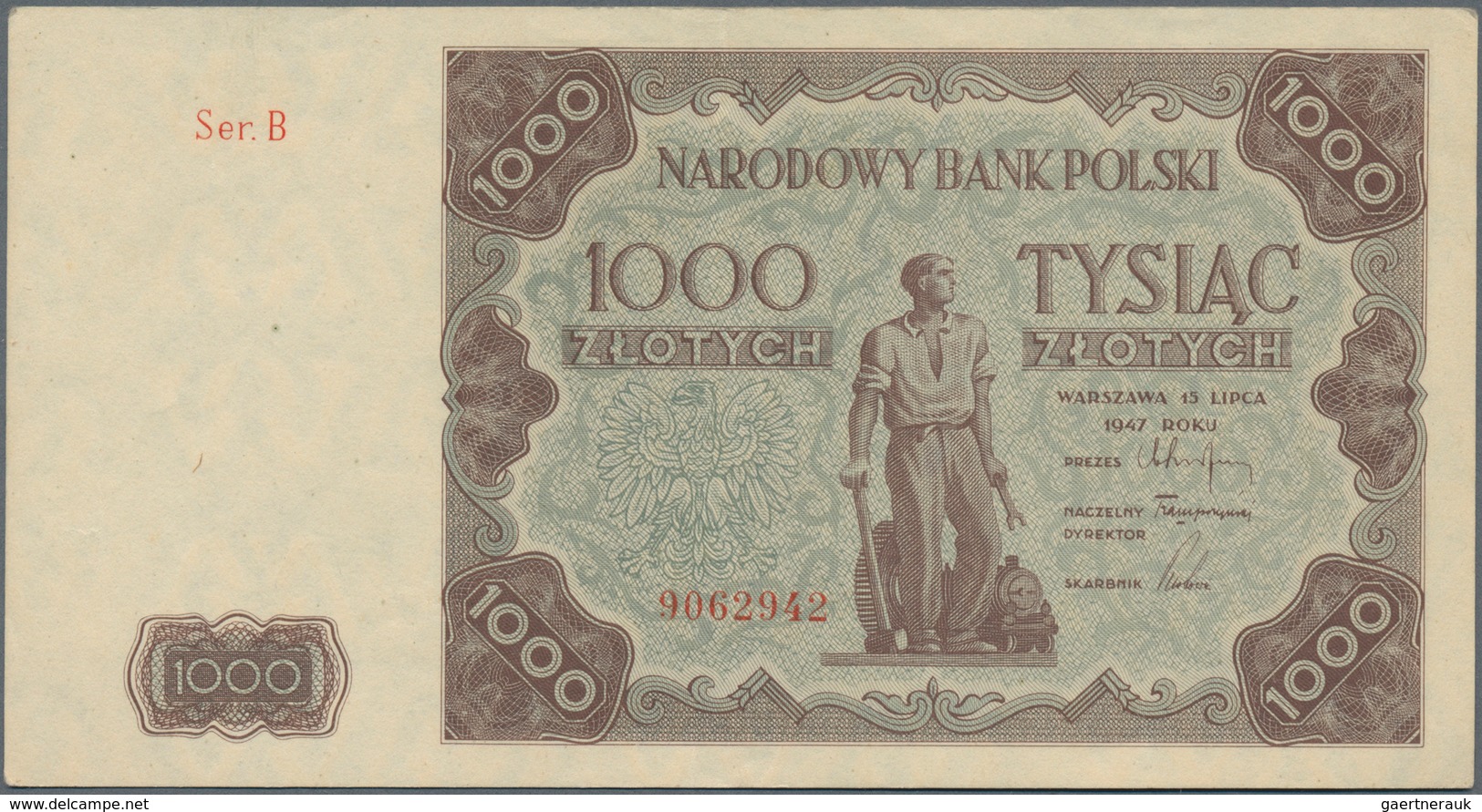 Poland / Polen: 1000 Zlotych 1947, P.133, Excellent Condition With Only Stronger Fold At Center, Oth - Polonia