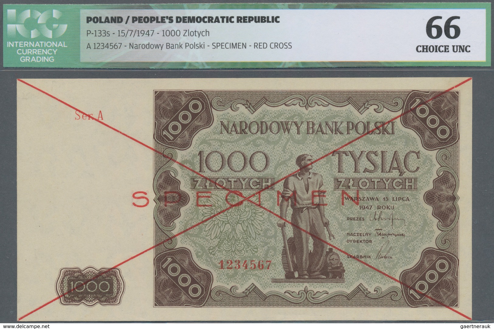 Poland / Polen: 1000 Zlotych 1947 SPECIMEN, P.133s In Perfect Condition, ICG Graded 66 Choice UNC. V - Polonia