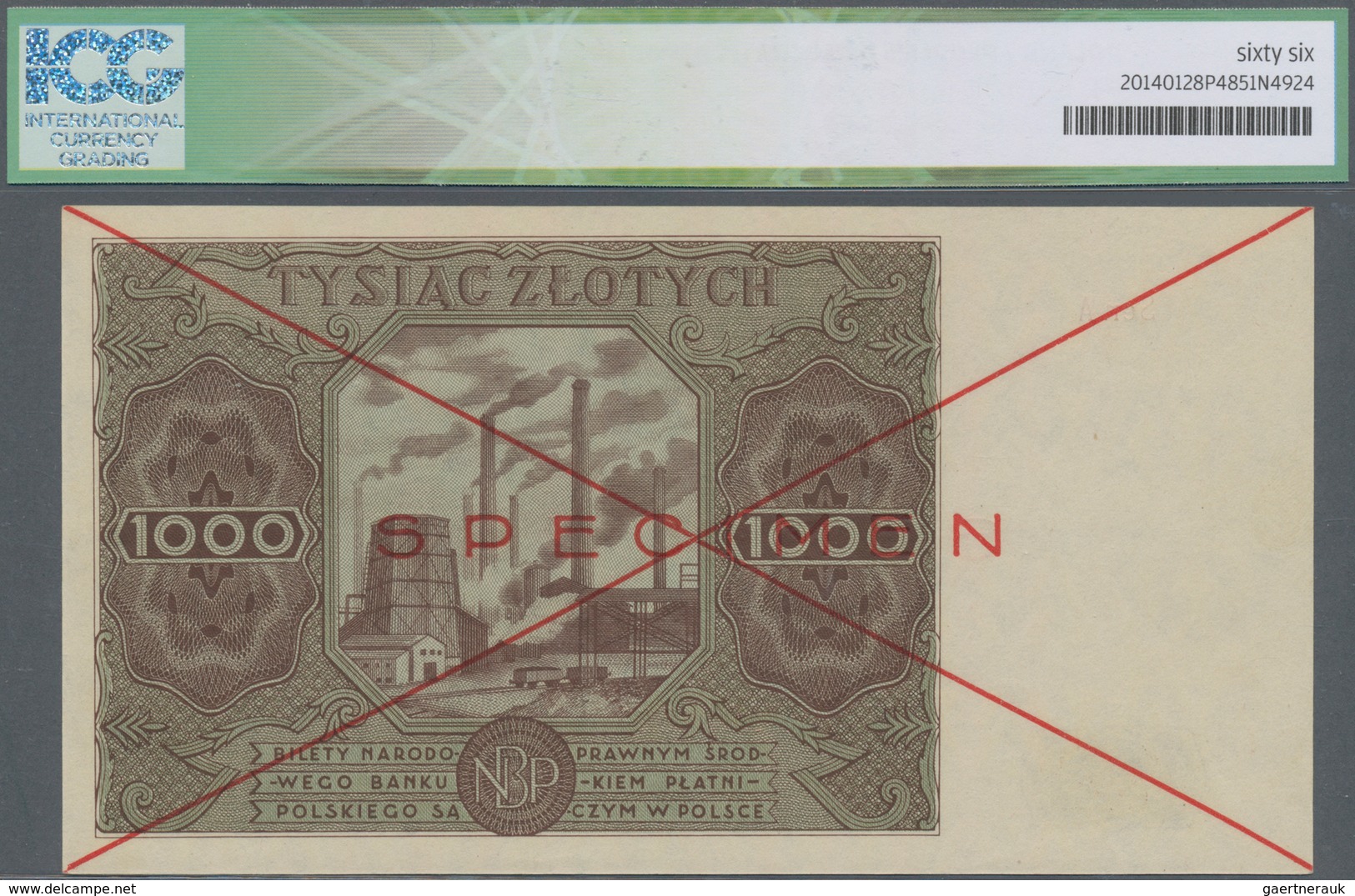 Poland / Polen: 1000 Zlotych 1947 SPECIMEN, P.133s In Perfect Condition, ICG Graded 66 Choice UNC. V - Poland