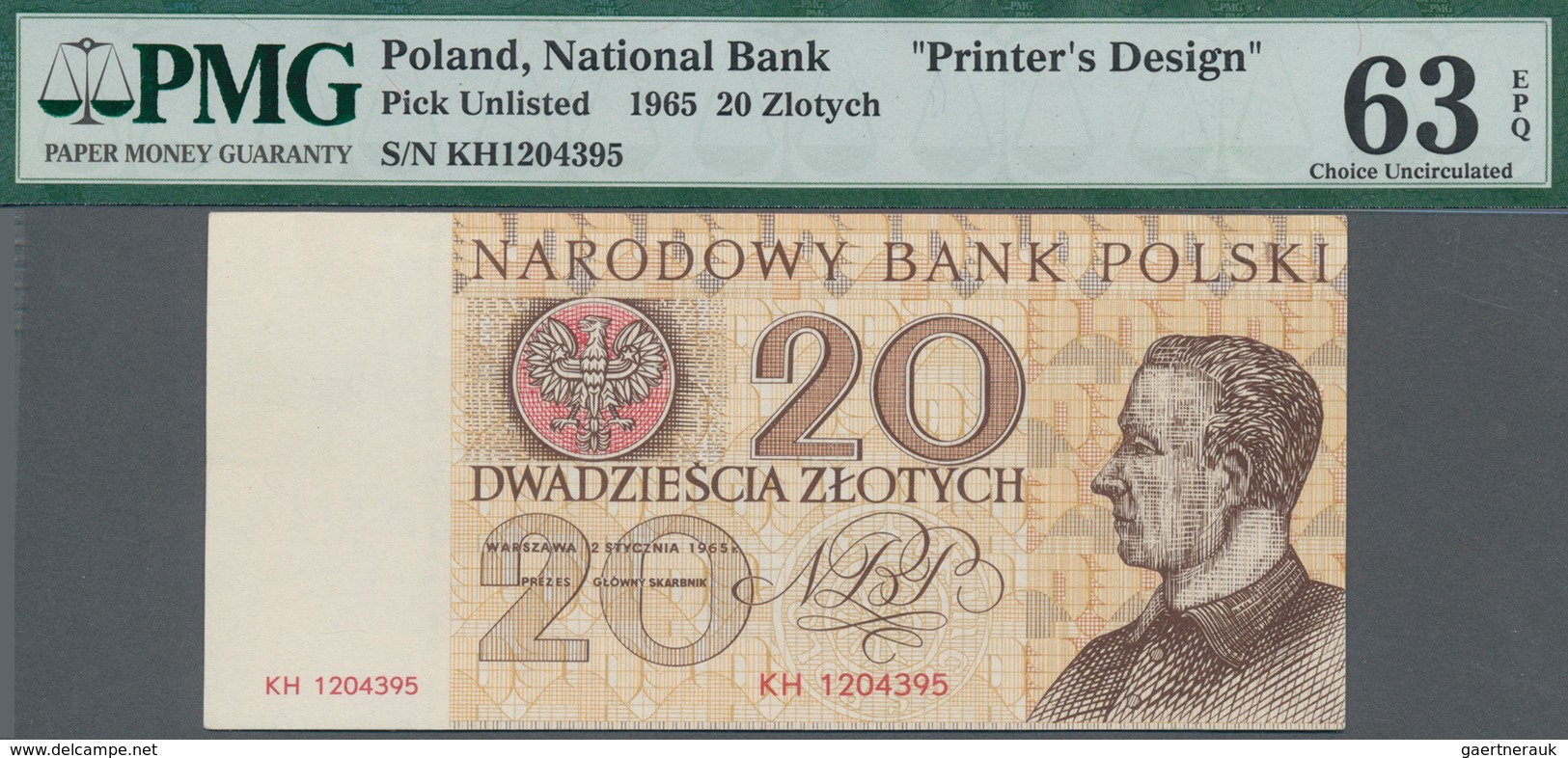 Poland / Polen: Unissued Banknote Essay 20 Zlotych 1965, P.NL, In Perfect UNC Condition, Offset Prin - Poland