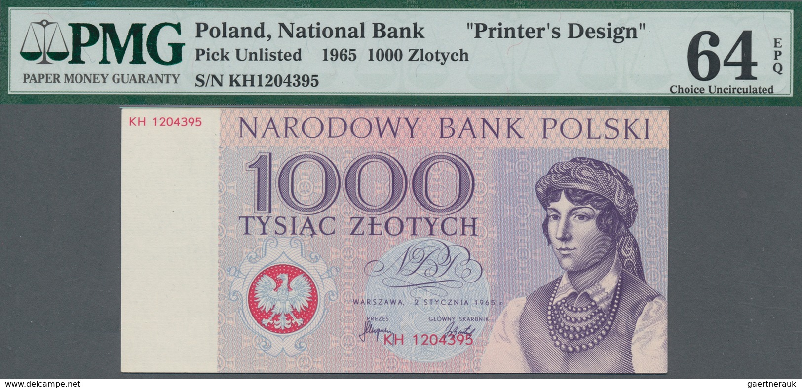 Poland / Polen: Unissued Banknote essay 20 Zlotych 1965, P.NL, in perfect UNC condition, offset prin