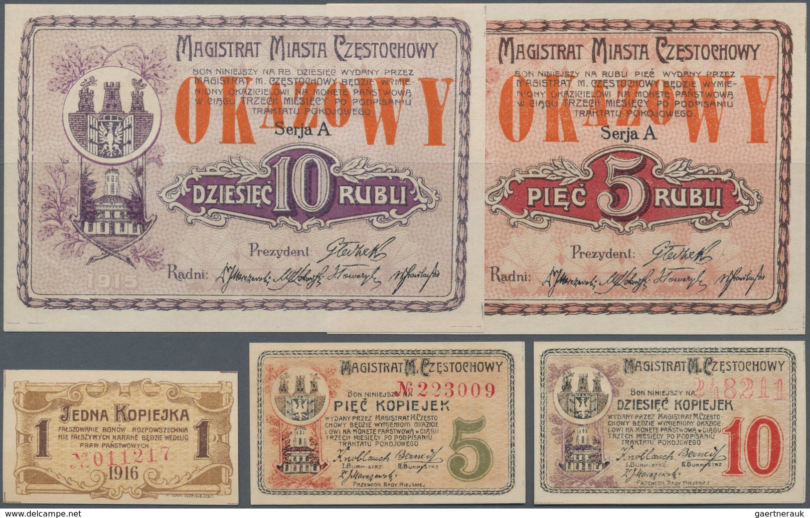 Poland / Polen: Set With 5 Pcs. Notgeld CZESTOCHOWY With 1, 5 And 10 Kopiek And 5 And 10 Rubli 1915, - Polen