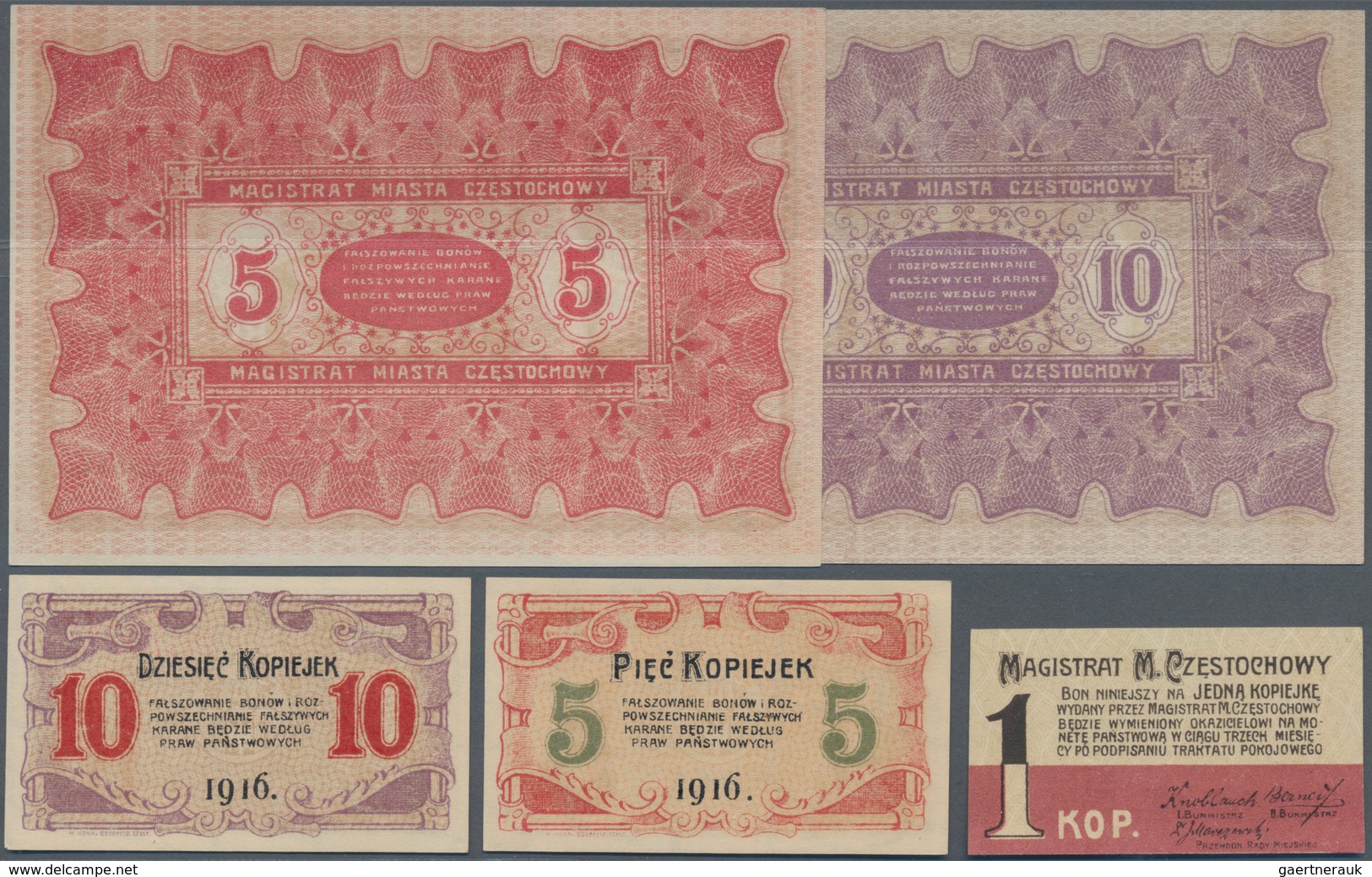 Poland / Polen: Set With 5 Pcs. Notgeld CZESTOCHOWY With 1, 5 And 10 Kopiek And 5 And 10 Rubli 1915, - Polonia