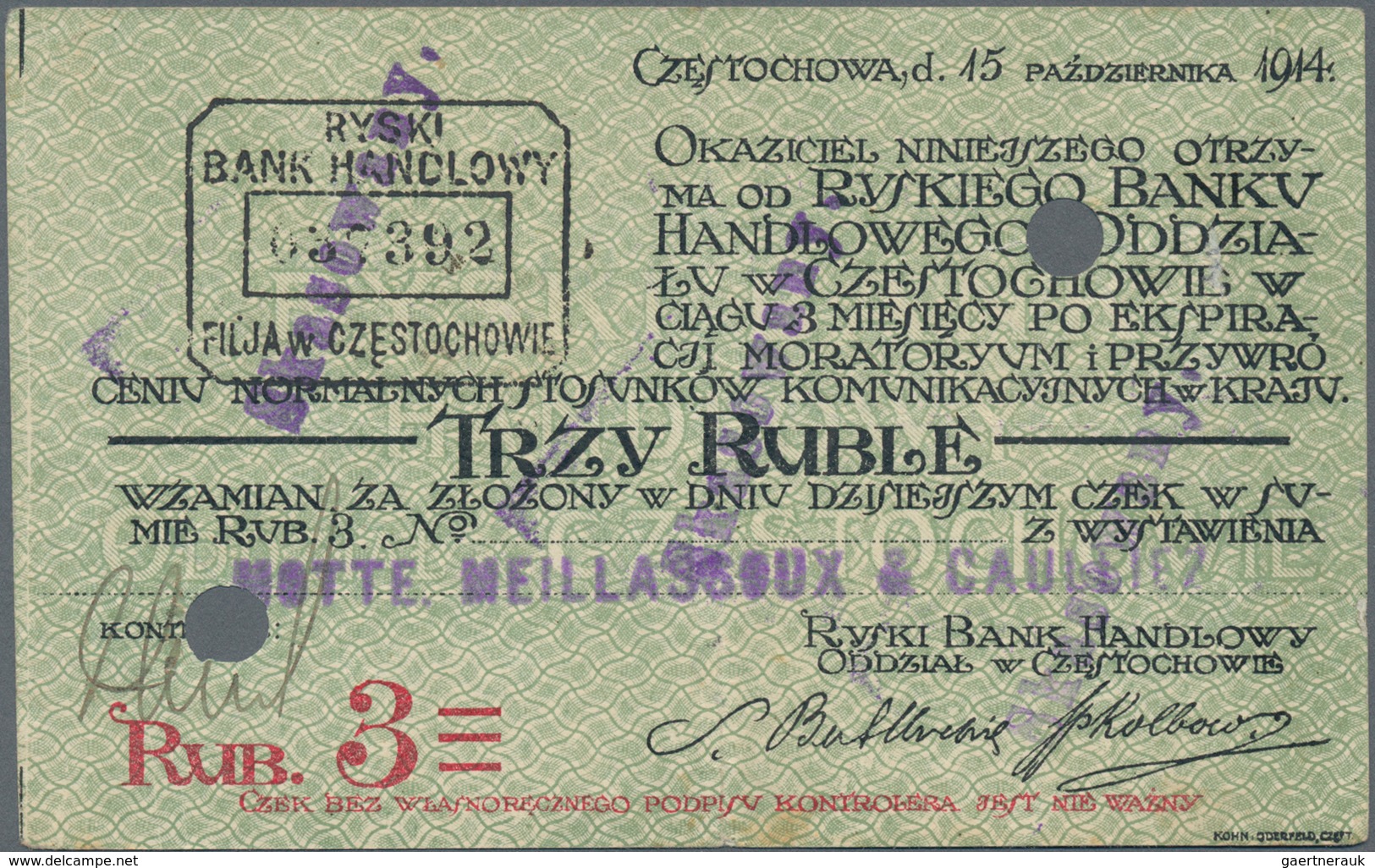 Poland / Polen: Set With 1, 3 And 5 Rubel “RYSKI BANK HANDLOWY”, Czestochowa Branch 1914, All With C - Polen