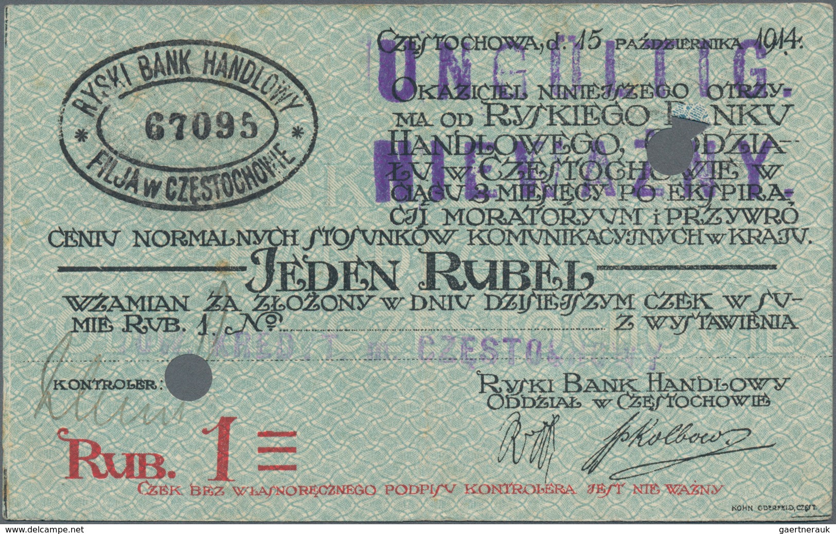 Poland / Polen: Set With 1, 3 And 5 Rubel “RYSKI BANK HANDLOWY”, Czestochowa Branch 1914, All With C - Polen